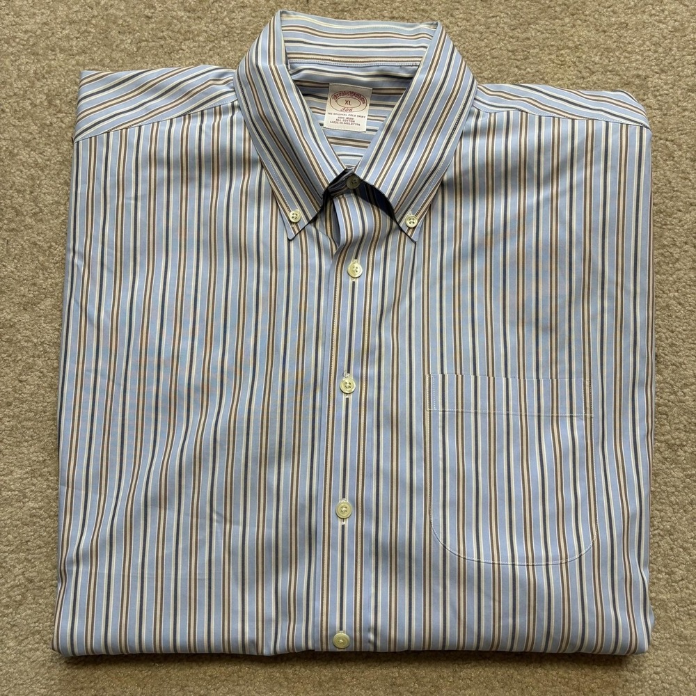 Brooks Brothers Shirt Mens XL 346 Blue Brown Stripe Non-Iron Button Down Dress